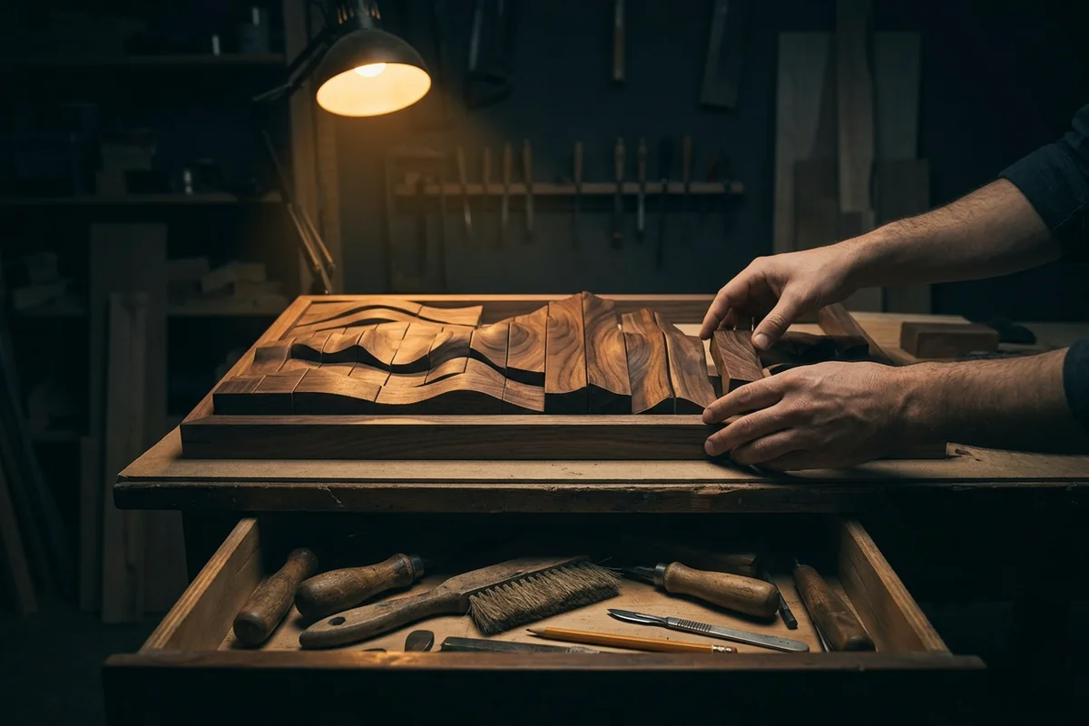 Illustration sombre d'un atelier de nuit : des mains réassemblent une sculpture en bois figurant une onde sonore sur un établi, éclairées par une lampe ambrée ; en dessous, un tiroir ouvert contient des manches d'outils mis de côté.