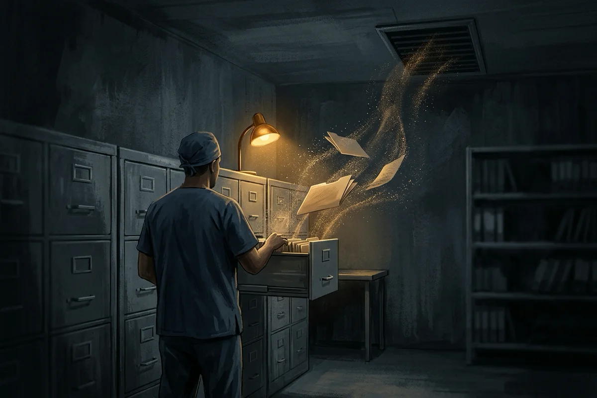 Illustration sombre d'une salle d'archives hospitalière la nuit : de dos, une personne en tenue de soignant fait face à un mur de classeurs métalliques. Un tiroir ouvert laisse s'échapper des dossiers papier qui se dissolvent en fines particules dorées aspirées vers une grille de ventilation, sous la seule lumière d'une lampe ambrée.