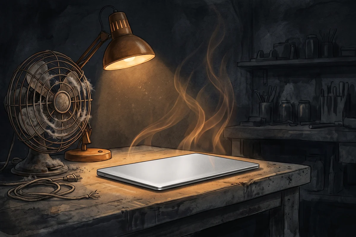 Illustration sombre : sur un établi éclairé par une lampe ambrée, un châssis d'ordinateur portable très fin et sans grille d'aération, à côté d'un vieux ventilateur débranché et empoussiéré. De fines volutes d'air chaud ambré s'élèvent des bords de la machine.