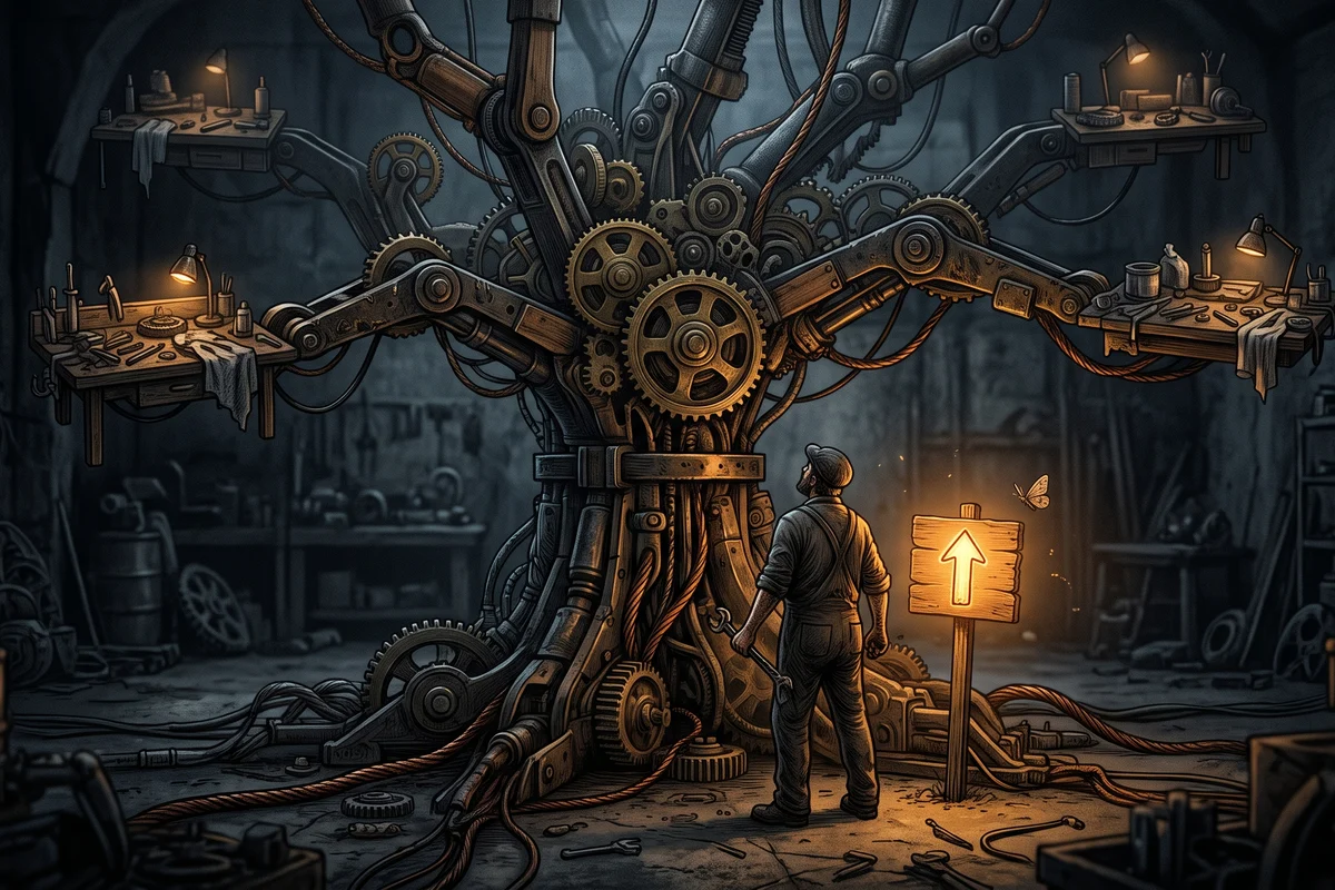 Illustration sombre d'un grand arbre mécanique en engrenages de laiton dont chaque branche se termine par un établi différent ; à son pied, un petit panneau indicateur en bois éclairé d'une lumière ambrée pointe vers le haut, un papillon de nuit tournant autour.