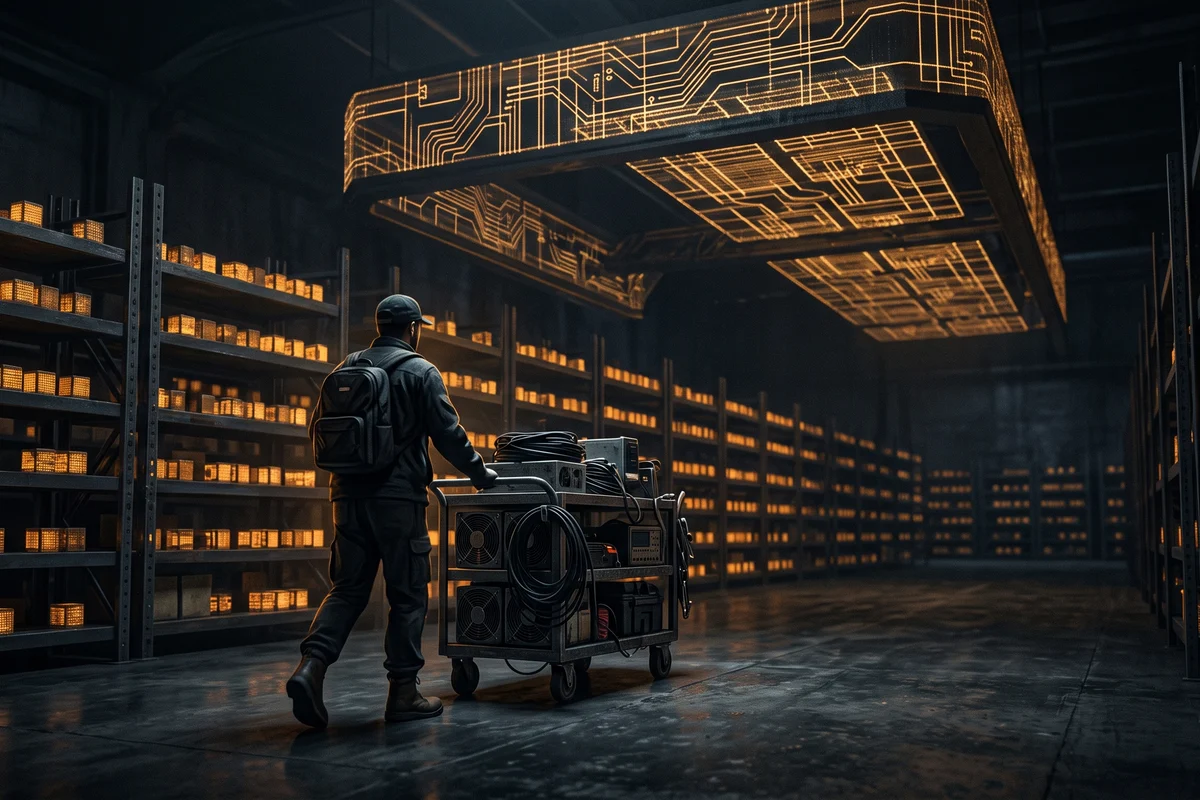 Illustration sombre d'un immense entrepôt aux rayonnages ouverts remplis de petits cubes lumineux ambrés ; de dos, un technicien pousse un chariot de ventilateurs et de câbles dans une allée, tandis qu'une structure gravée de circuits, suspendue au plafond, projette au sol une grille dorée dont l'ombre se referme sur les rayonnages.