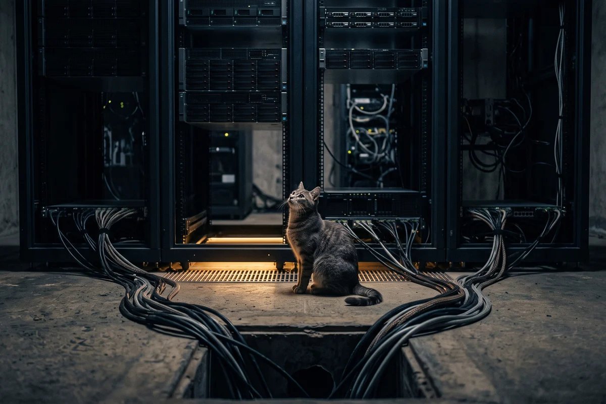 Salle serveur sombre où quatre baies informatiques alignées ont toutes leurs voyants éteints, éclairées par une seule lueur ambrée montant d'une grille au sol ; un chat gris assis dans l'allée centrale lève la tête vers les baies, dont les câbles descendent tous vers un même conduit.