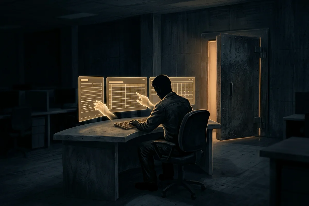 Illustration sombre d'une personne vue de dos, en silhouette, assise devant un bureau au-dessus duquel flottent des écrans translucides ambrés remplis par une main lumineuse : un formulaire, un tableur, un agenda. Derrière elle, une lourde porte de coffre entrouverte laisse filtrer une lumière dorée.