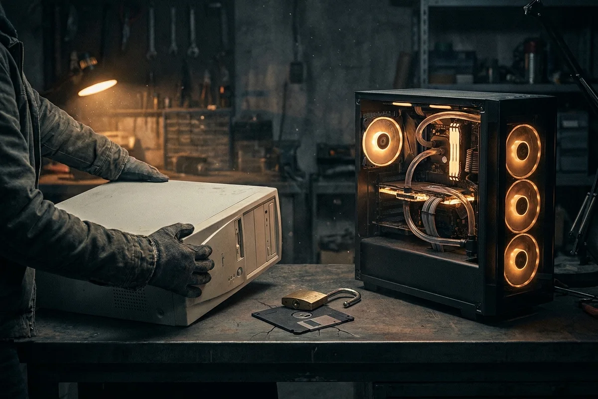 Dans un atelier sombre, des mains posent un vieil ordinateur de bureau beige à côté d'une machine moderne dont les ventilateurs luisent en ambre. Entre les deux, un cadenas en laiton ouvert repose sur une disquette fendue, éclairé par une lampe chaude.