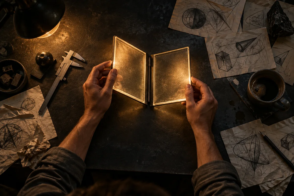 Vue de dessus d'une table sombre éclairée par une lampe ambrée : deux mains ouvrent comme un livre une plaque de verre pliante sans marque, dont les deux faces brillent d'une lumière dorée. Autour, des notes papier couvertes de croquis raturés, un pied à coulisse et une tasse de café.