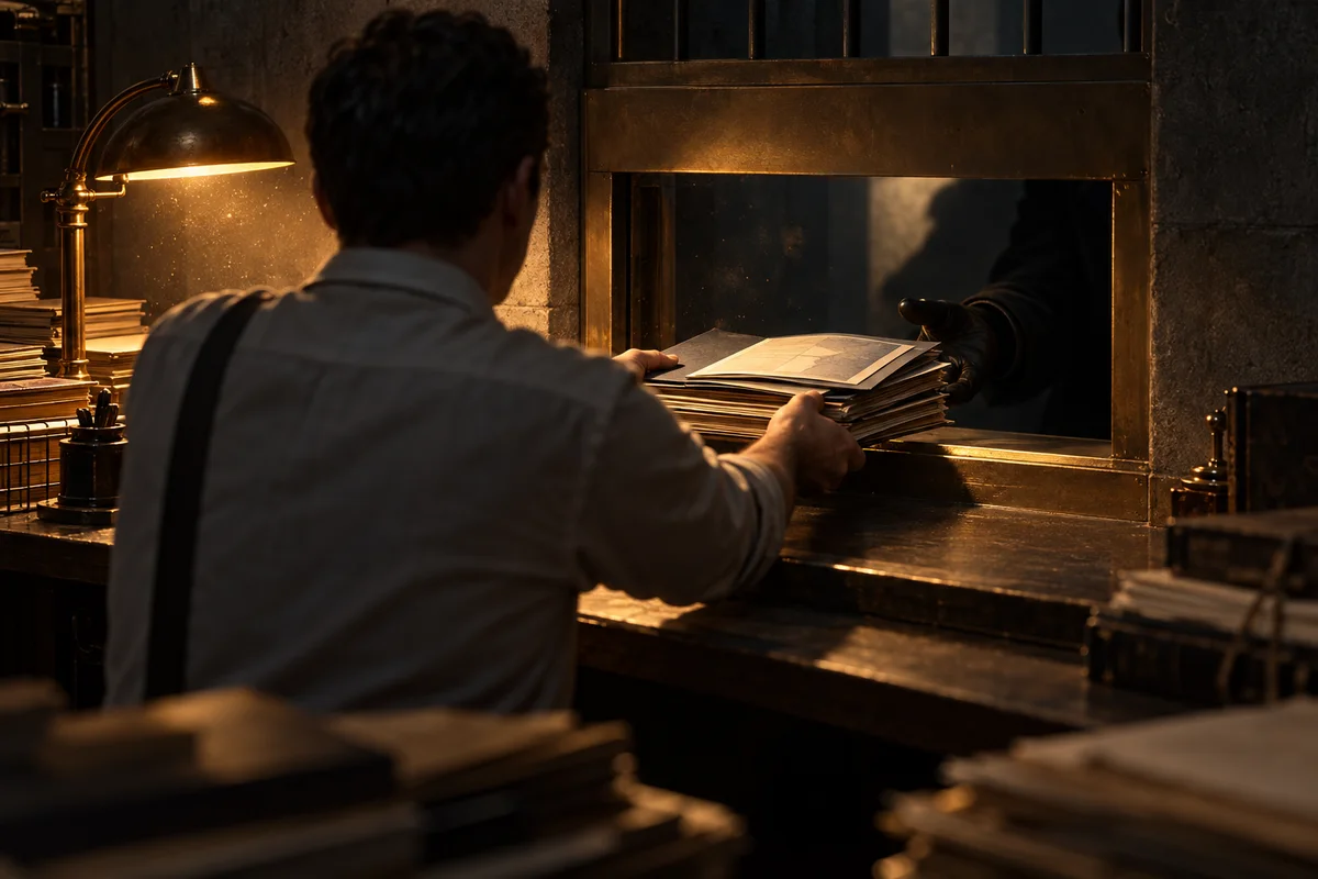 Illustration sombre : dans une salle d'archives éclairée par une lampe ambrée, un employé vu de dos glisse une pile de dossiers et un document d'identité ouvert à travers un guichet. De l'autre côté, seule une main gantée et une longue ombre les réceptionnent.