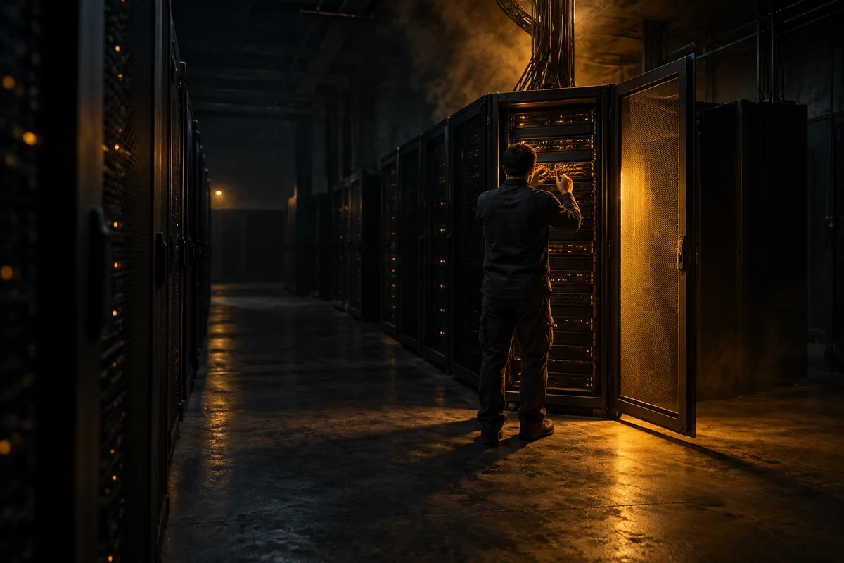Dans une salle serveurs sombre, une personne vue de dos pose les mains sur un équipement monté en baie dont les ports réseau émettent une lueur ambrée ; une porte d'armoire ouverte laisse échapper une lumière dorée sur le sol en béton.