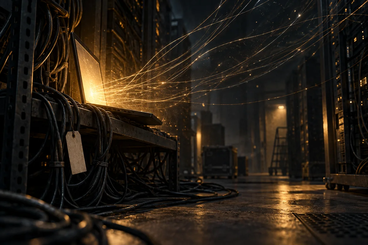 Illustration sombre d'une salle de serveurs la nuit : un ordinateur portable ouvert et oublié sur une étagère métallique diffuse une lueur ambrée, et de fins filaments lumineux s'échappent de son écran vers l'obscurité environnante.