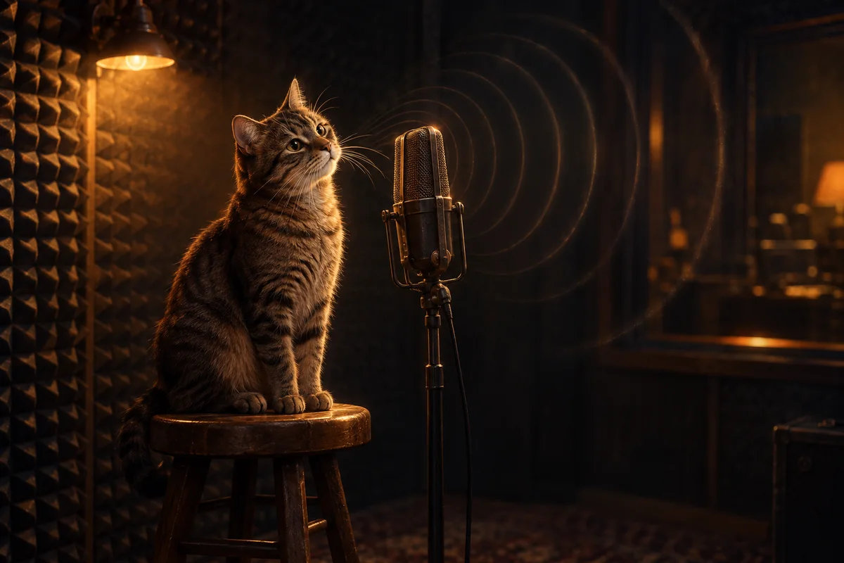 Illustration sombre : un chat tigré assis sur un tabouret face à un gros micro de studio, éclairé par une lumière ambrée, avec de fines ondes concentriques qui s'éloignent du micro dans l'obscurité.