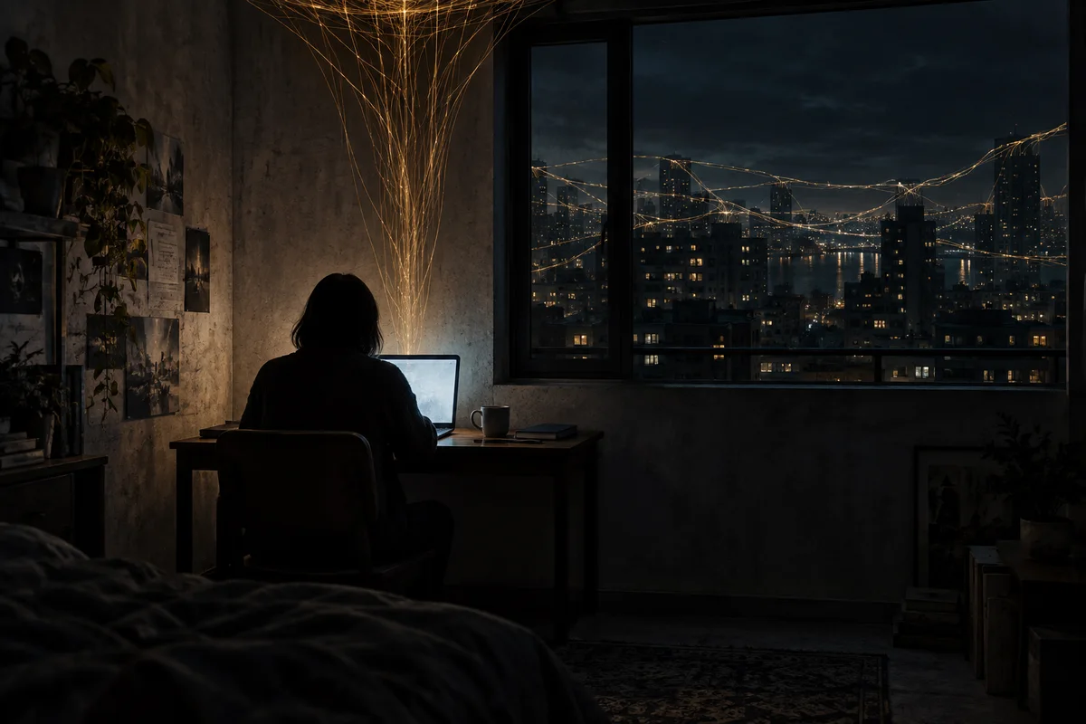 Illustration sombre : une personne de dos, en silhouette, assise devant un ordinateur portable dans un appartement la nuit ; de fins fils ambrés descendent du plafond vers la machine et repartent par la fenêtre vers la ville.