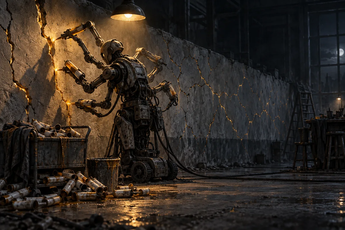 Illustration sombre : une machine à plusieurs bras rebouche les fissures d'un long mur de béton avec une résine ambrée lumineuse, tandis que de nouvelles fissures apparaissent derrière elle sur la partie déjà réparée. Au sol, un chariot déborde de tubes de mastic vides.