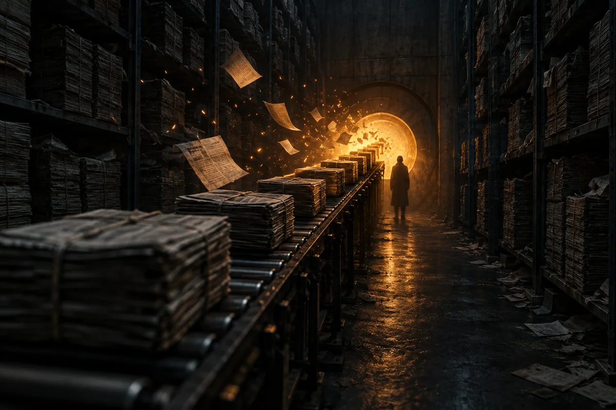 Illustration sombre d'un entrepôt d'archives de presse la nuit : de hautes étagères de journaux empilés, un tapis roulant qui emporte les liasses vers une ouverture lumineuse ambrée dans le mur du fond, où les pages se dissolvent en braises. Une silhouette de dos, de petite taille, regarde la scène au bout de l'allée.