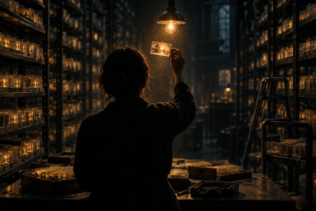 Illustration sombre d'une salle d'archives la nuit : des étagères métalliques portent des milliers de plaques de verre sans étiquette. De dos, une silhouette lève une plaque vers une ampoule suspendue, dont la lumière ambrée révèle un fragment d'image flou.