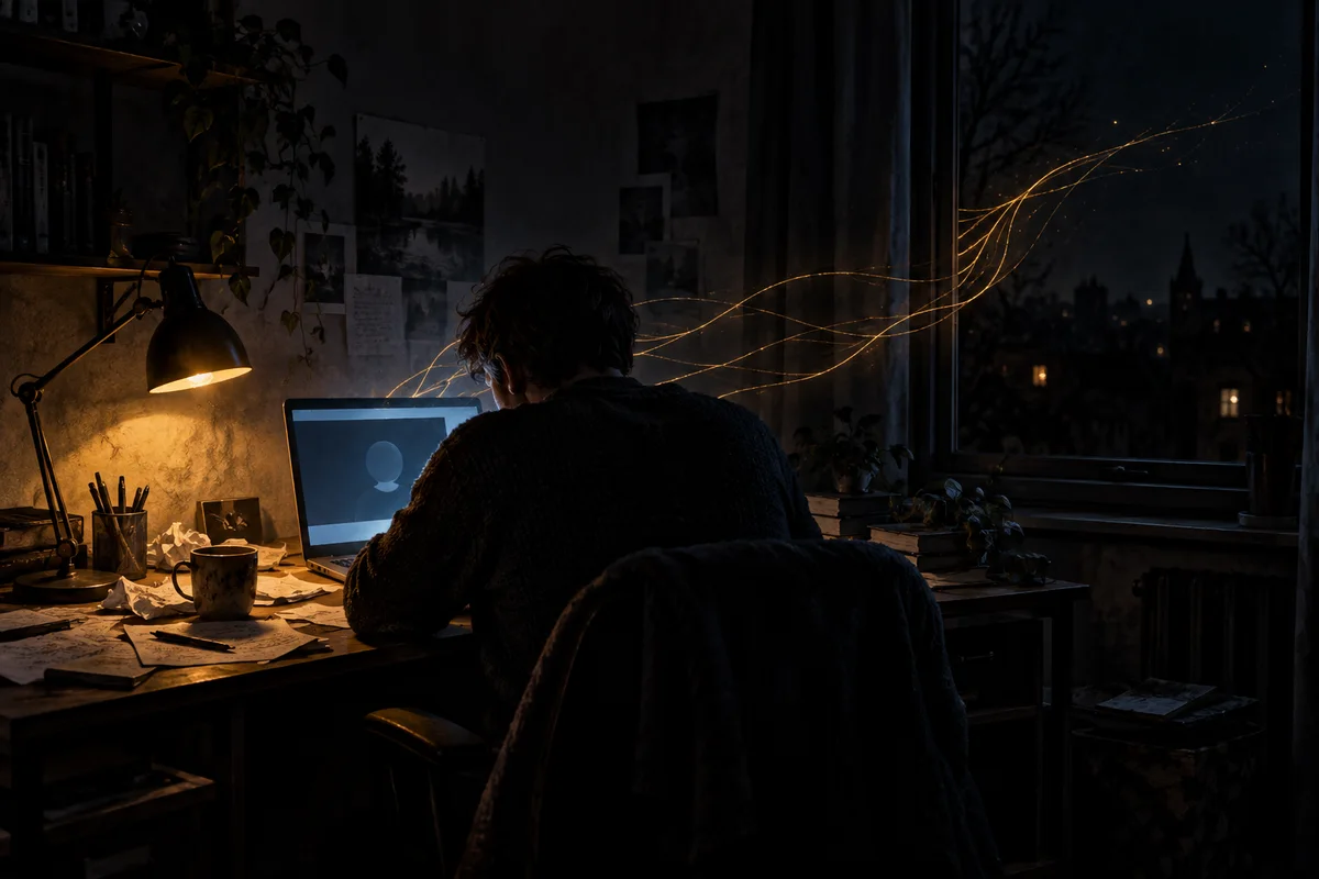 Un développeur vu de dos, seul la nuit devant son ordinateur portable dans un bureau sombre éclairé par une lampe ambrée ; sur l'écran, une fenêtre de visioconférence vide à caméra éteinte, et de fins filaments dorés s'échappent de la machine vers la fenêtre obscure.