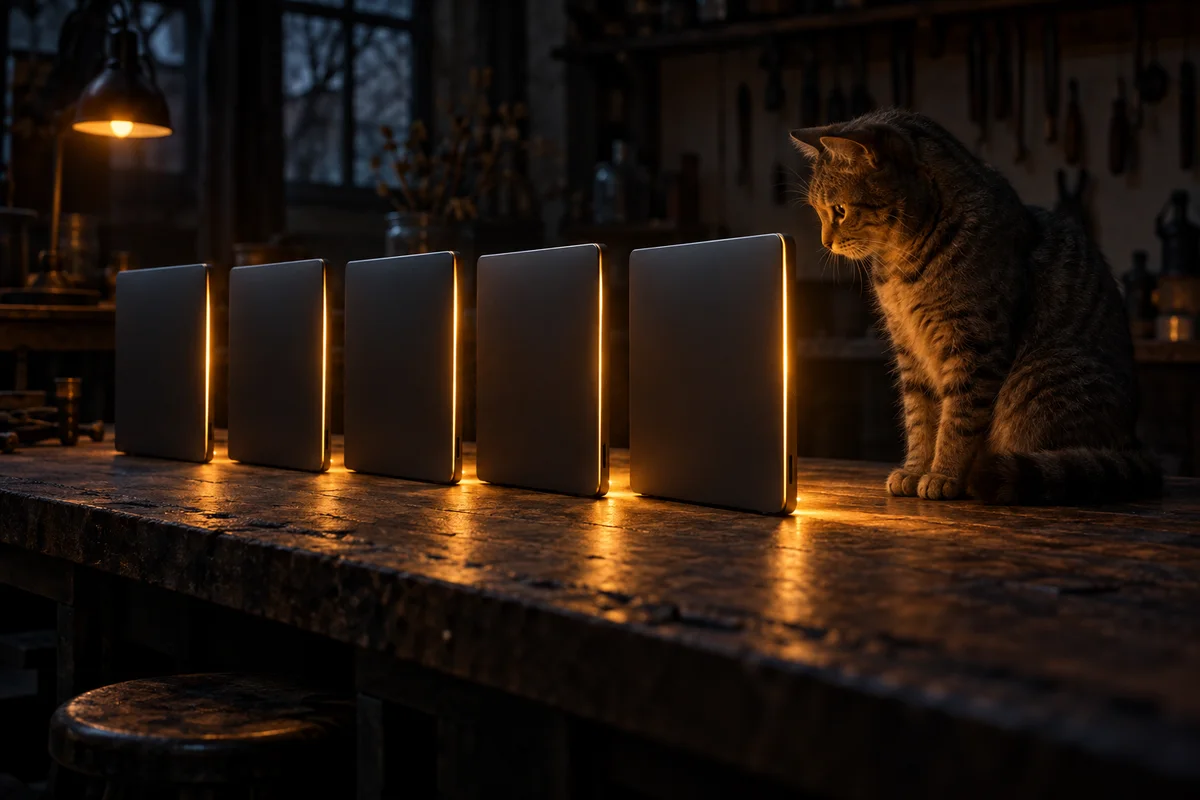 Cinq ordinateurs portables fermés, sans marque, alignés comme des dominos sur un établi sombre, chacun bordé d'une fine bande lumineuse ambrée ; un chat tigré assis au bout de la rangée fixe la dernière machine.