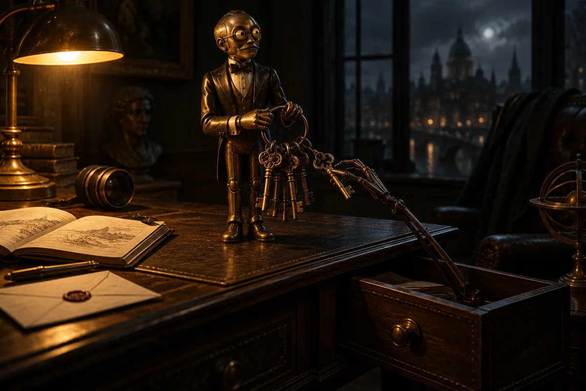 Illustration : sur un bureau sombre éclairé par une lampe ambrée, un petit automate en laiton tient un trousseau de clés dont l'une est discrètement subtilisée par un bras mécanique sortant d'un tiroir, à côté d'un carnet, d'une enveloppe et d'un objectif d'appareil photo.