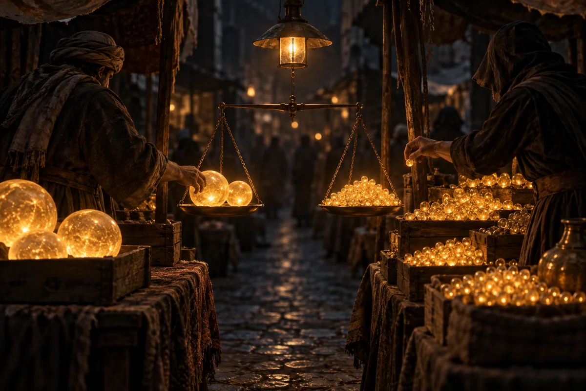 Deux étals de marché nocturne se faisant face dans une allée sombre : sur des balances en laiton, quelques grosses sphères lumineuses ambrées d'un côté, des centaines de minuscules de l'autre, les plateaux à peu près au même niveau sous une lampe suspendue.
