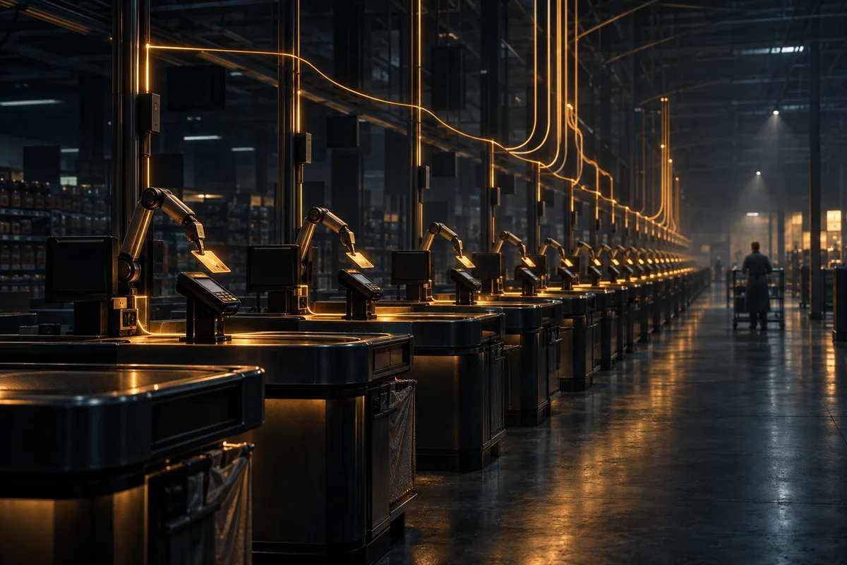 Illustration sombre : une longue rangée de comptoirs de caisse déserts dans une halle plongée dans la pénombre. Un même filament lumineux ambré relie tous les terminaux de paiement et remonte vers le plafond. À chaque caisse, un petit bras mécanique identique répète le même geste. Au fond, la silhouette d'un commerçant vu de dos.