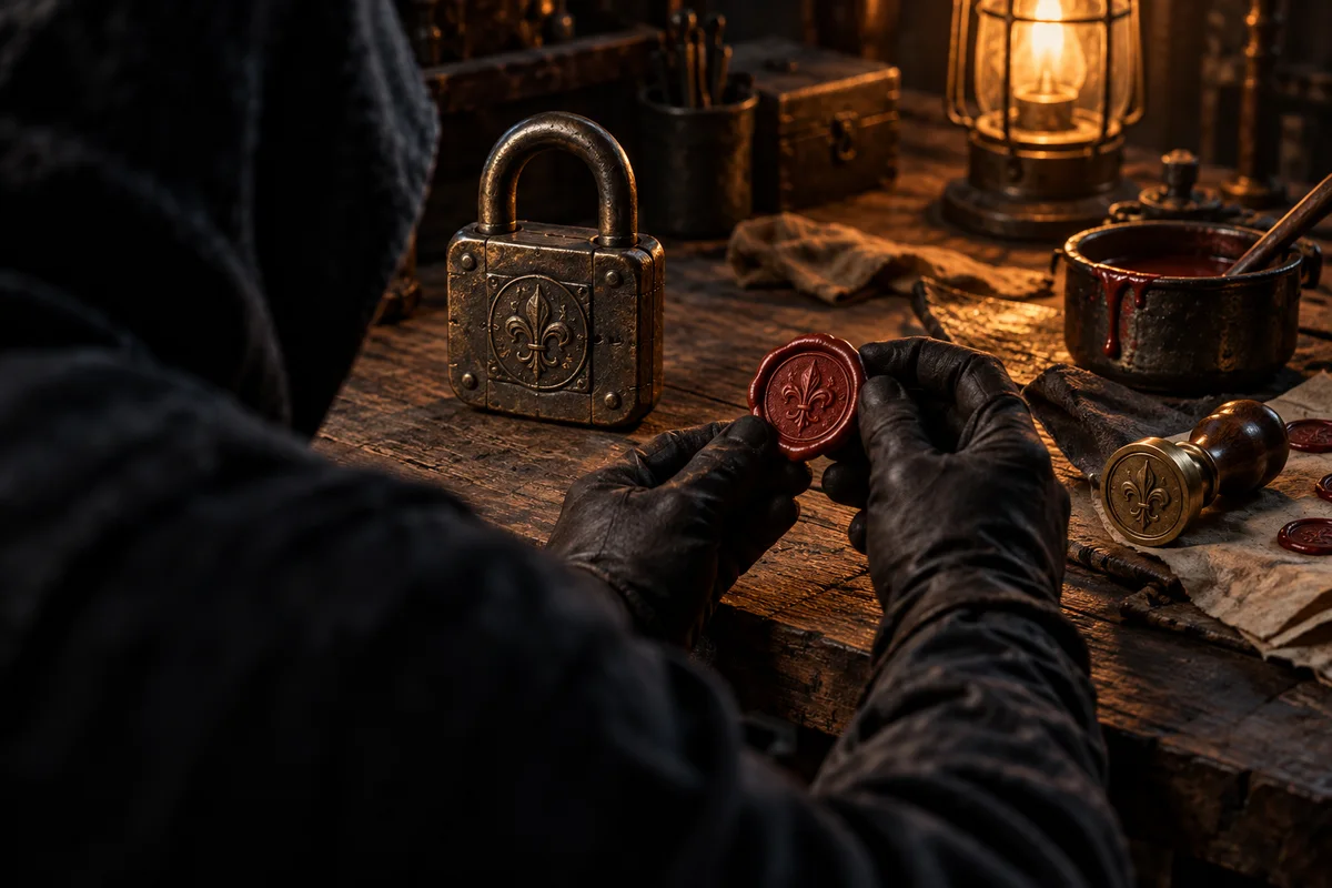 Dans un atelier sombre, un artisan de dos, visage hors champ, soulève avec des gants un sceau de cire fraîchement pressé, identique au modèle, tandis qu'un gros cadenas ancien reste fermé et intact sur l'établi, éclairé par une lampe ambrée.