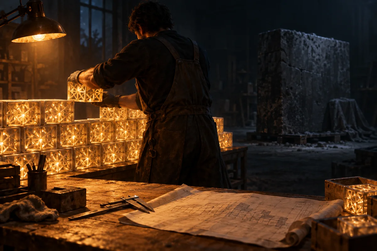 Dans un atelier sombre éclairé par une lampe ambrée, une personne de dos assemble un muret de cubes translucides identiques ; sur l'établi, un plan plié et un compas d'épaisseur, et dans l'ombre du fond, un bloc massif d'un seul tenant laissé à l'abandon.