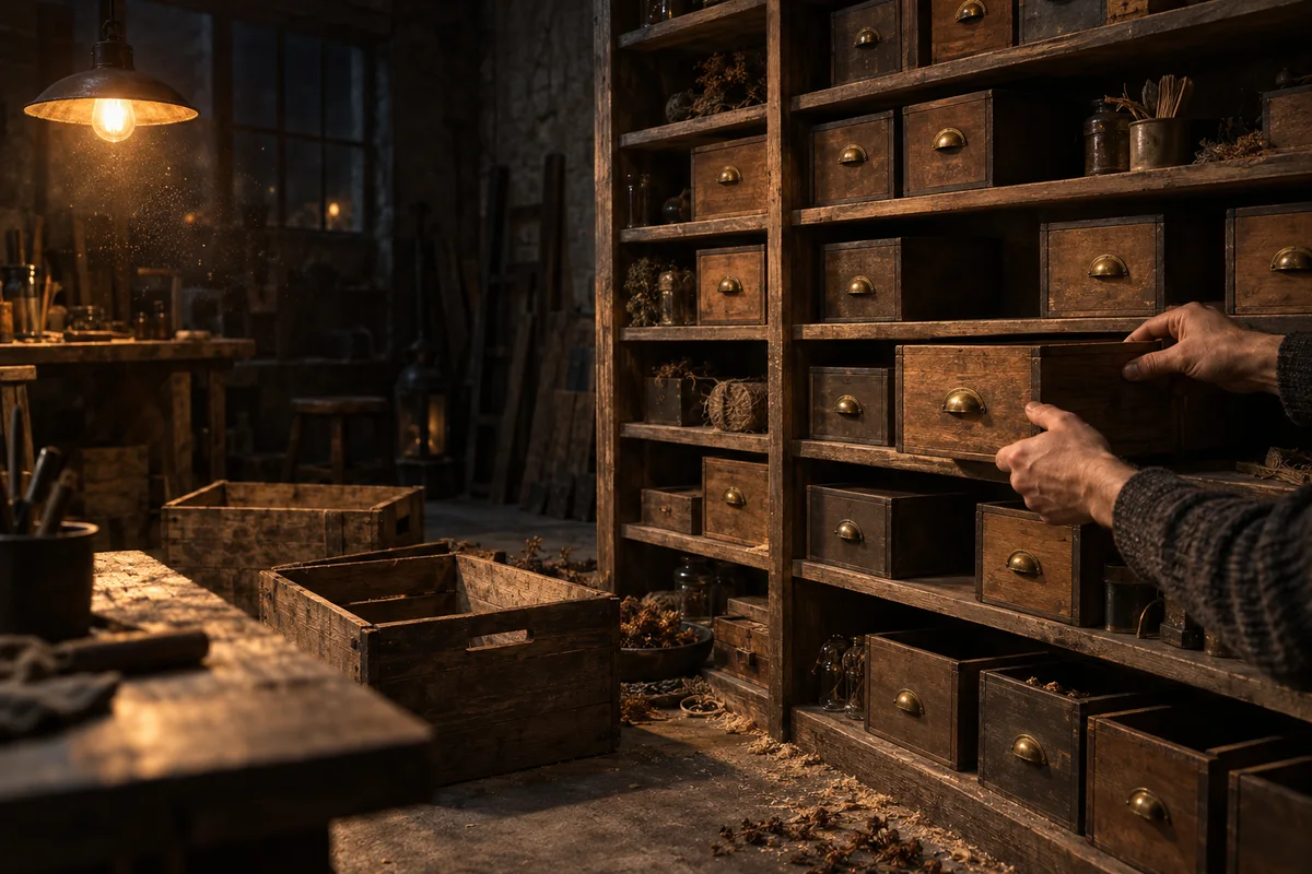 Dans un atelier sombre éclairé par une lampe ambrée, deux mains rangent de petits tiroirs en bois dans un grand meuble à casiers, tandis que des caisses vidées traînent au sol.