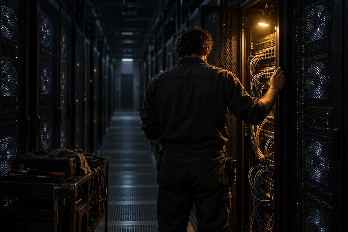 Illustration sombre : de dos, un technicien la main sur la porte d'une baie réseau ouverte, dans un couloir de serveurs éclairé par une seule lampe de travail ambrée.