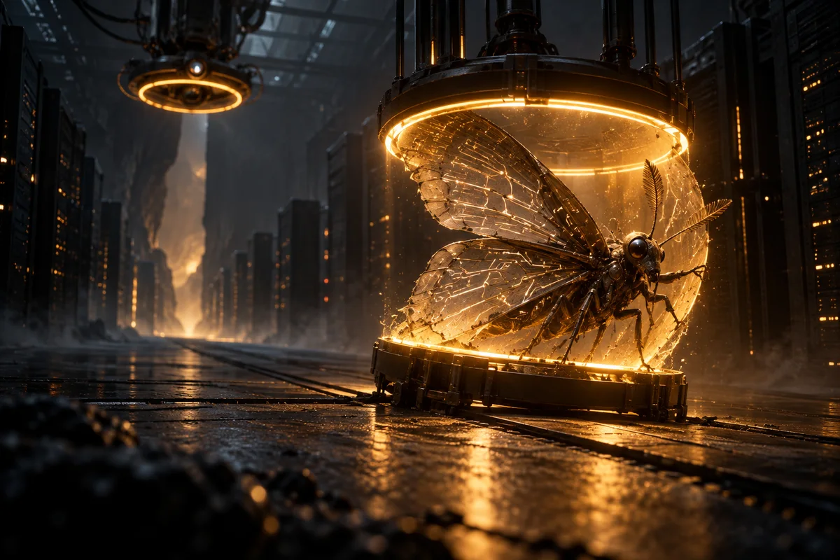 Illustration sombre : un insecte mécanique aux ailes translucides parcourues de circuits se débat contre un anneau lumineux ambré refermé autour de lui, dans une salle de serveurs noire ; un second anneau flotte au-dessus, prêt à intervenir.