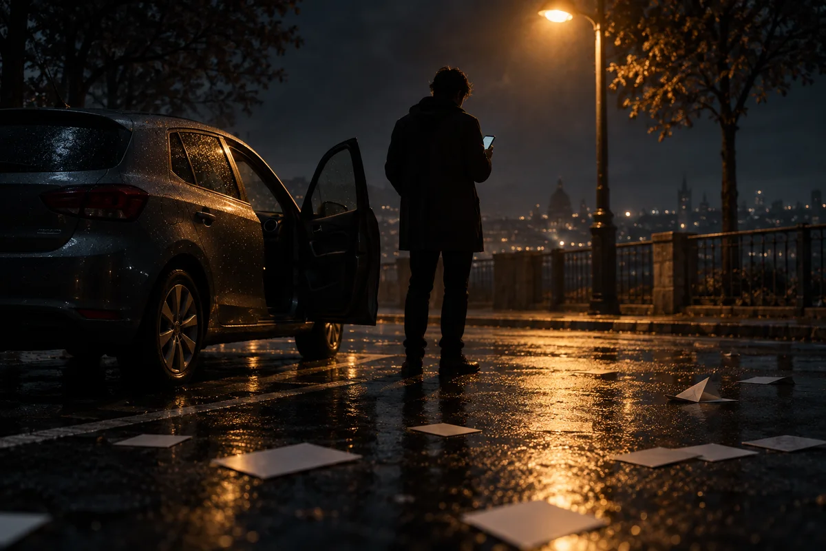 Illustration sombre : une voiture banalisée stationnée de nuit sur une place d'autopartage déserte, portière ouverte, sous un lampadaire ambré. Une silhouette vue de dos tient un téléphone ; des cartes vierges et une feuille pliée traînent sur l'asphalte mouillé.