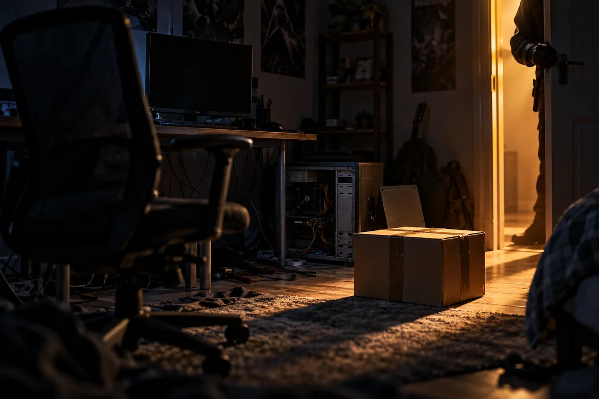 Chambre d'adolescent plongée dans la pénombre, vue depuis un fauteuil de bureau vide : un bureau encombré de câbles, une tour d'ordinateur débranchée et ouverte, des affiches réduites à des formes sombres. Au sol, un carton scellé par une bande adhésive est éclairé par un rai de lumière ambrée venant d'une porte entrouverte, où une main gantée est posée sur le chambranle.