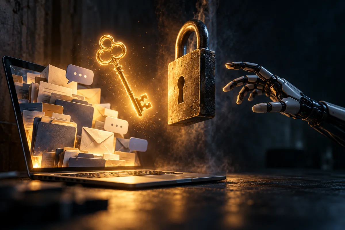 Illustration : une grande clé ancienne flotte au-dessus d'un ordinateur portable ouvert d'où sortent des dossiers, des enveloppes et des bulles de discussion. Une main robotique tend les doigts vers la clé, mais un cadenas lumineux couleur ambre lui barre le passage, sur un fond bleu nuit.