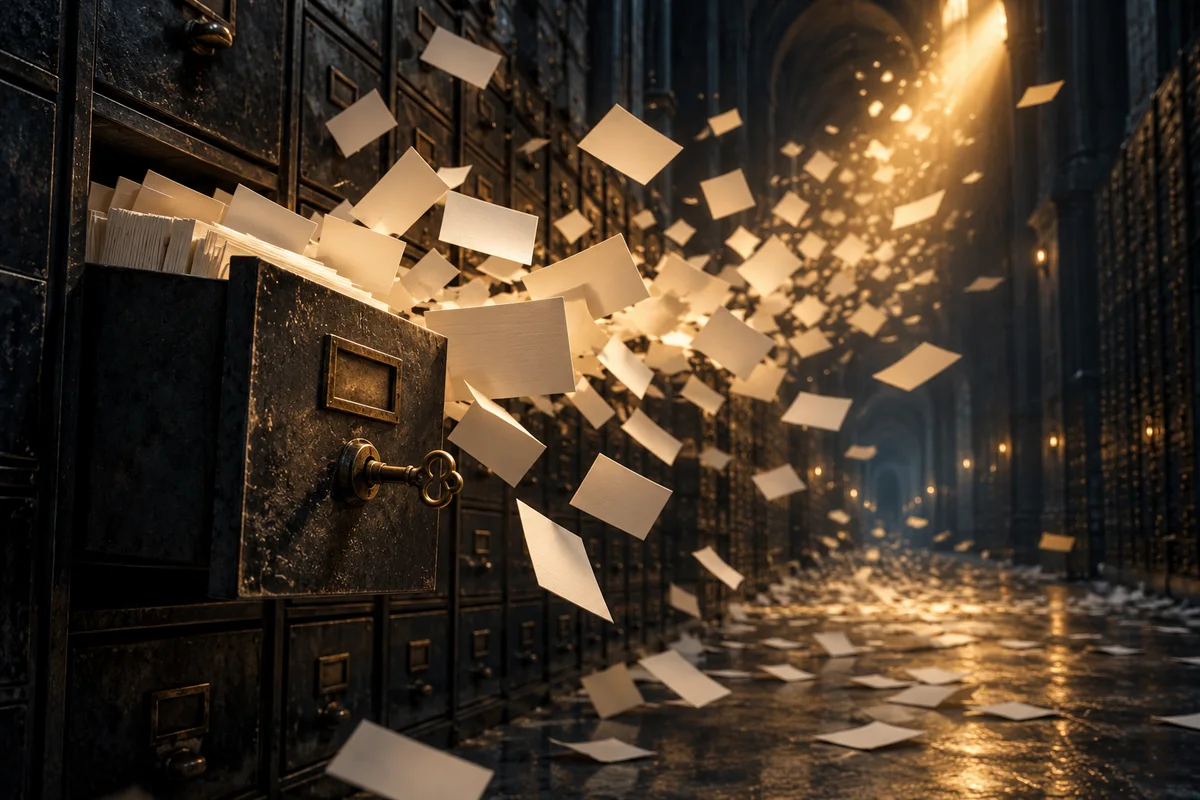 Une salle d'archives sombre aux rangées de classeurs ; un tiroir ouvert laisse s'échapper des milliers de fiches vierges, éclairées par un faisceau de lumière ambrée, avec une clé en laiton restée dans une serrure au premier plan.