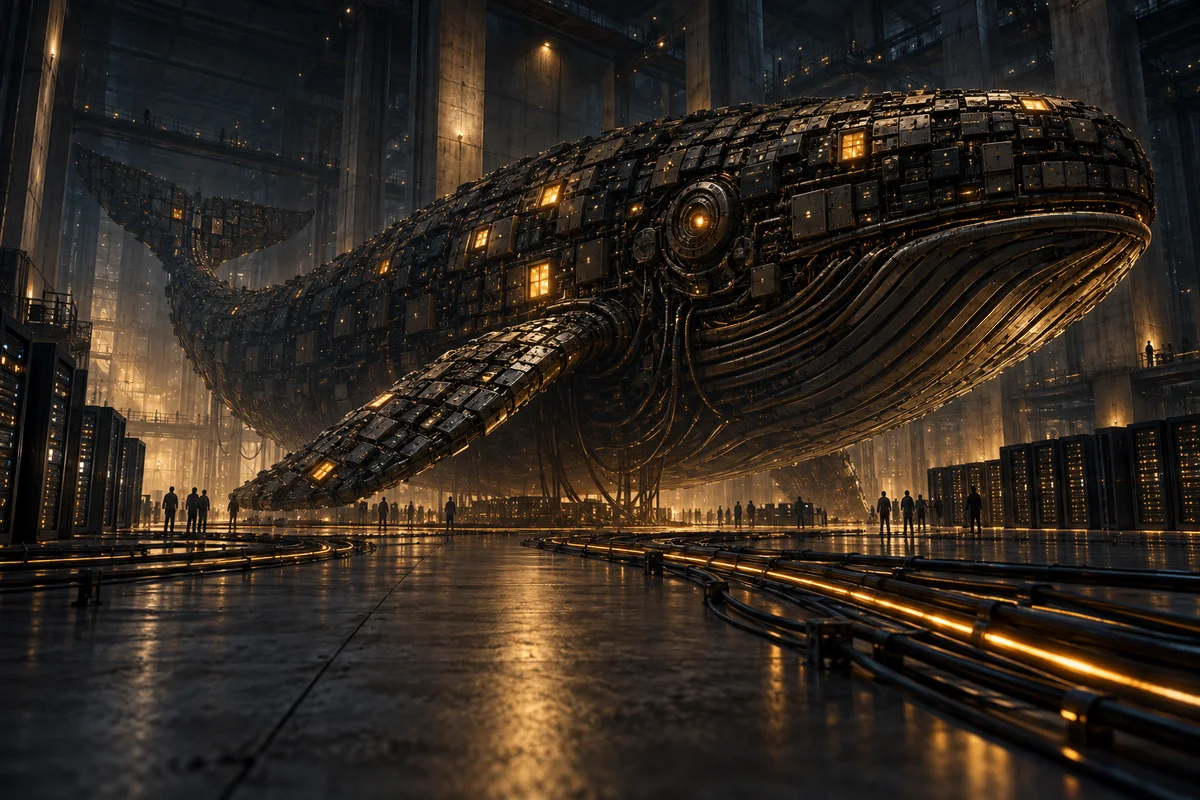 Illustration : une immense baleine mécanique faite de modules, dont seuls quelques-uns s'allument en ambre, repose dans une salle de serveurs sombre où de minuscules silhouettes se tiennent au loin.