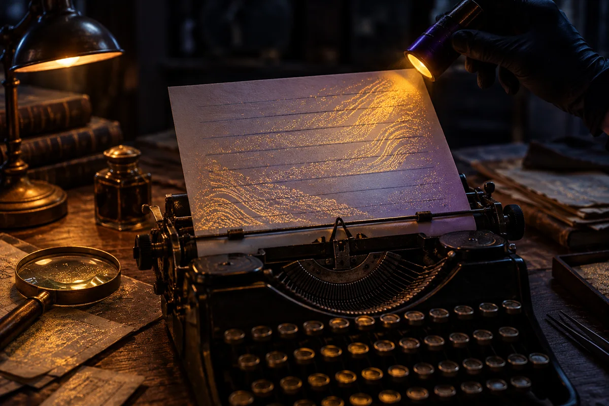 Une machine à écrire ancienne sur un bureau dans la pénombre. Une main gantée éclaire la feuille tapée avec une petite lampe ultraviolette, qui fait apparaître entre les lignes des motifs cachés couleur ambre. Une loupe est posée à côté.
