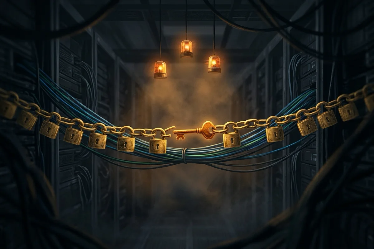 Illustration d'une salle de serveurs sombre, traversée par une chaîne de cadenas dorés posée sur des câbles lumineux. L'un des maillons a été remplacé par une fausse clé couleur ambre. Au-dessus, trois petits globes lumineux vacillent.