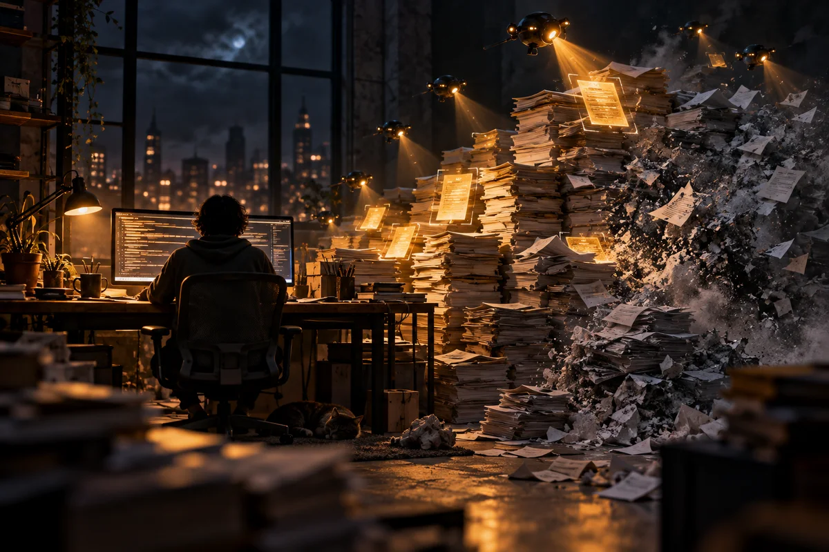 Silhouette de dos, de nuit, devant un écran de code, tandis que de petits drones lumineux survolent une pile de rapports papier : certains brillent en ambre, d'autres tombent en poussière grise.