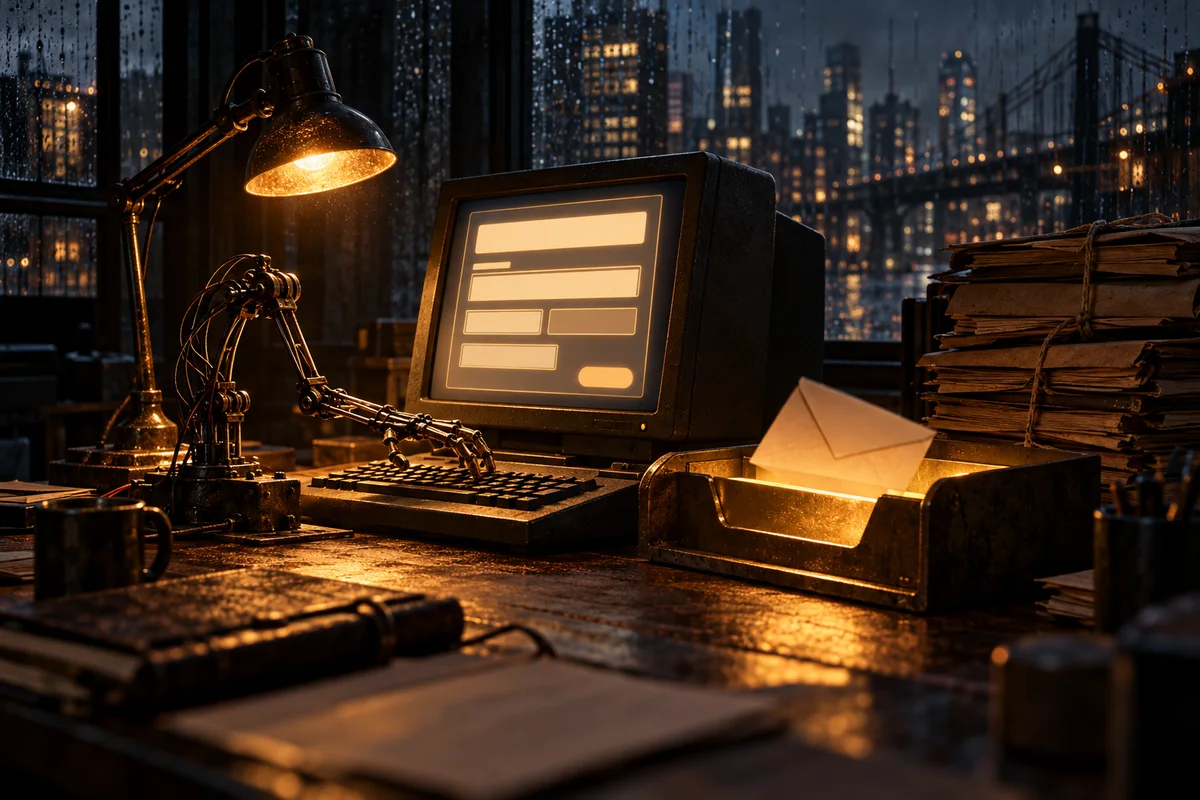 Un bureau sombre la nuit : un bras robotique en fil métallique tape seul sur le clavier d'un ordinateur qui affiche un formulaire, à côté d'une pile de dossiers d'affaires non résolues et d'une enveloppe qui glisse dans une corbeille éclairée d'ambre.