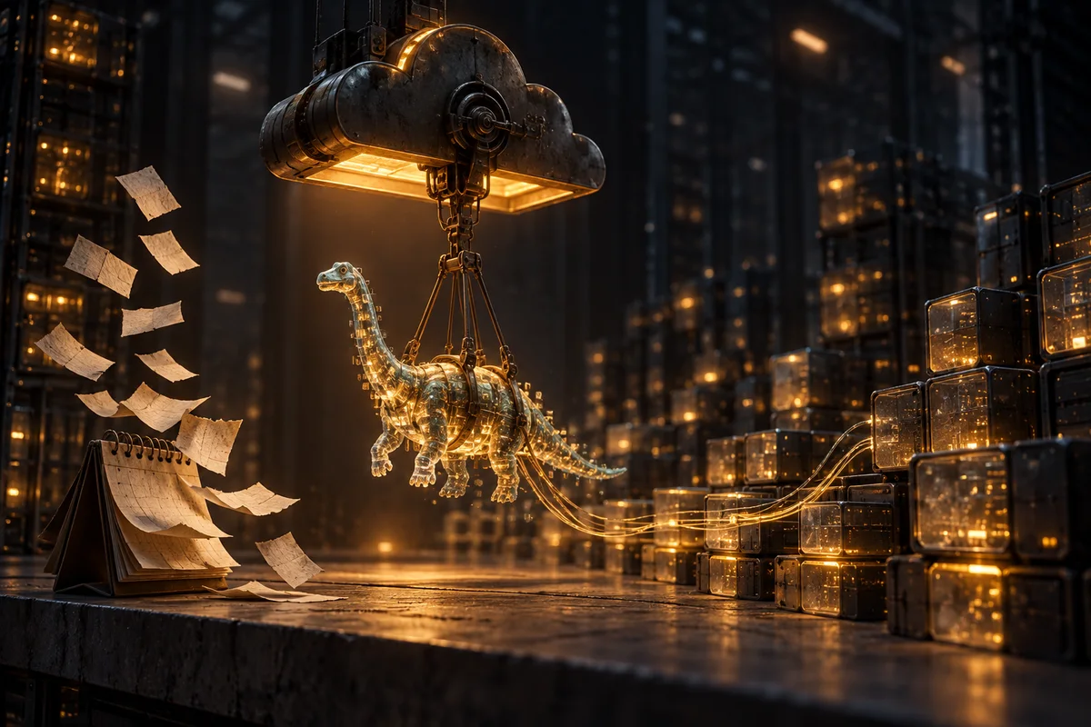 Dans une salle de serveurs sombre, une grue en forme de nuage soulève un petit dinosaure lumineux fait de fragments de code. Les pages d'un calendrier s'envolent à côté, et des câbles éclairés en ambre relient le dinosaure à des cubes de stockage empilés.