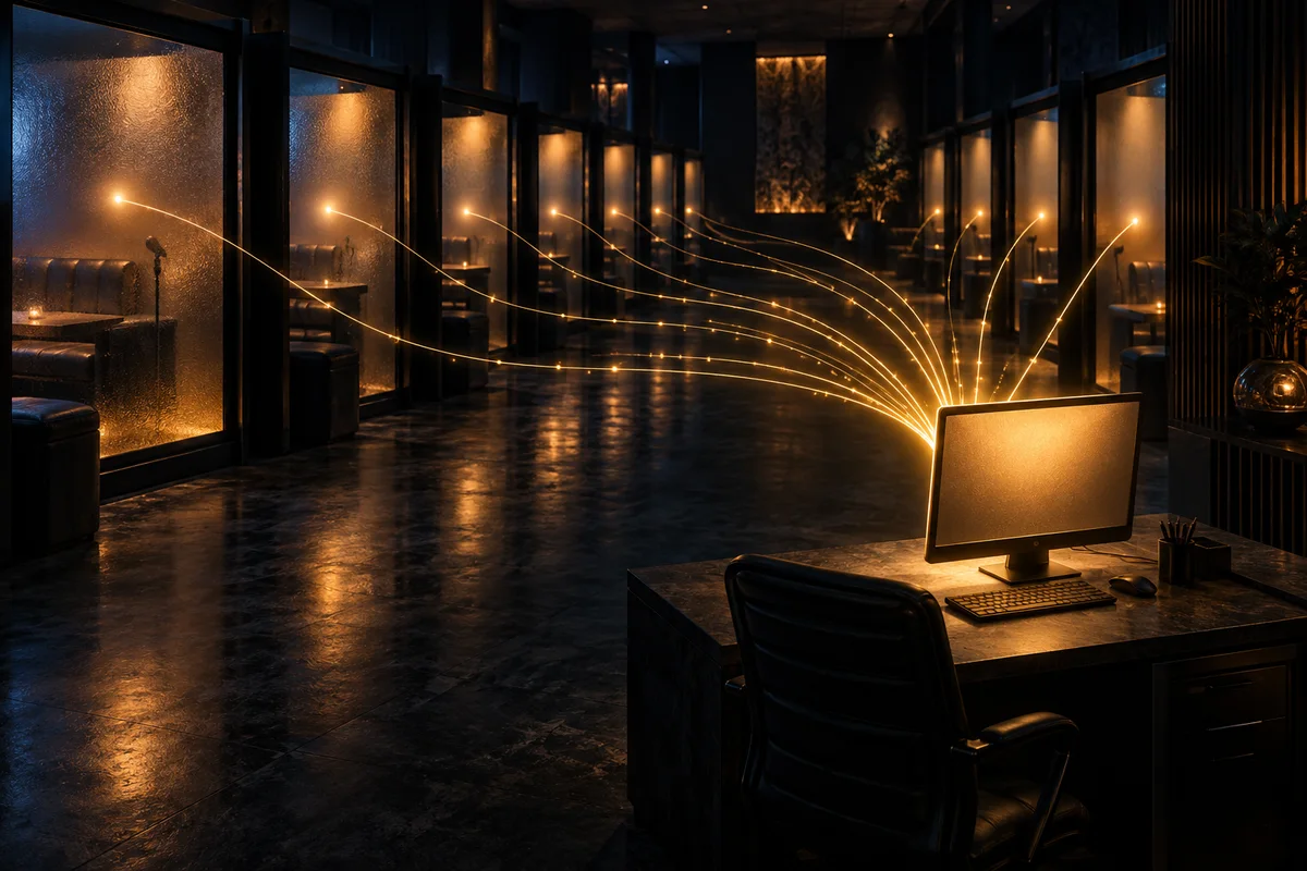 Illustration d'une salle de karaoké sombre aux cabines vides, d'où partent des fils lumineux de données qui convergent vers un ordinateur de bureau isolé, éclairé d'une lumière ambrée.