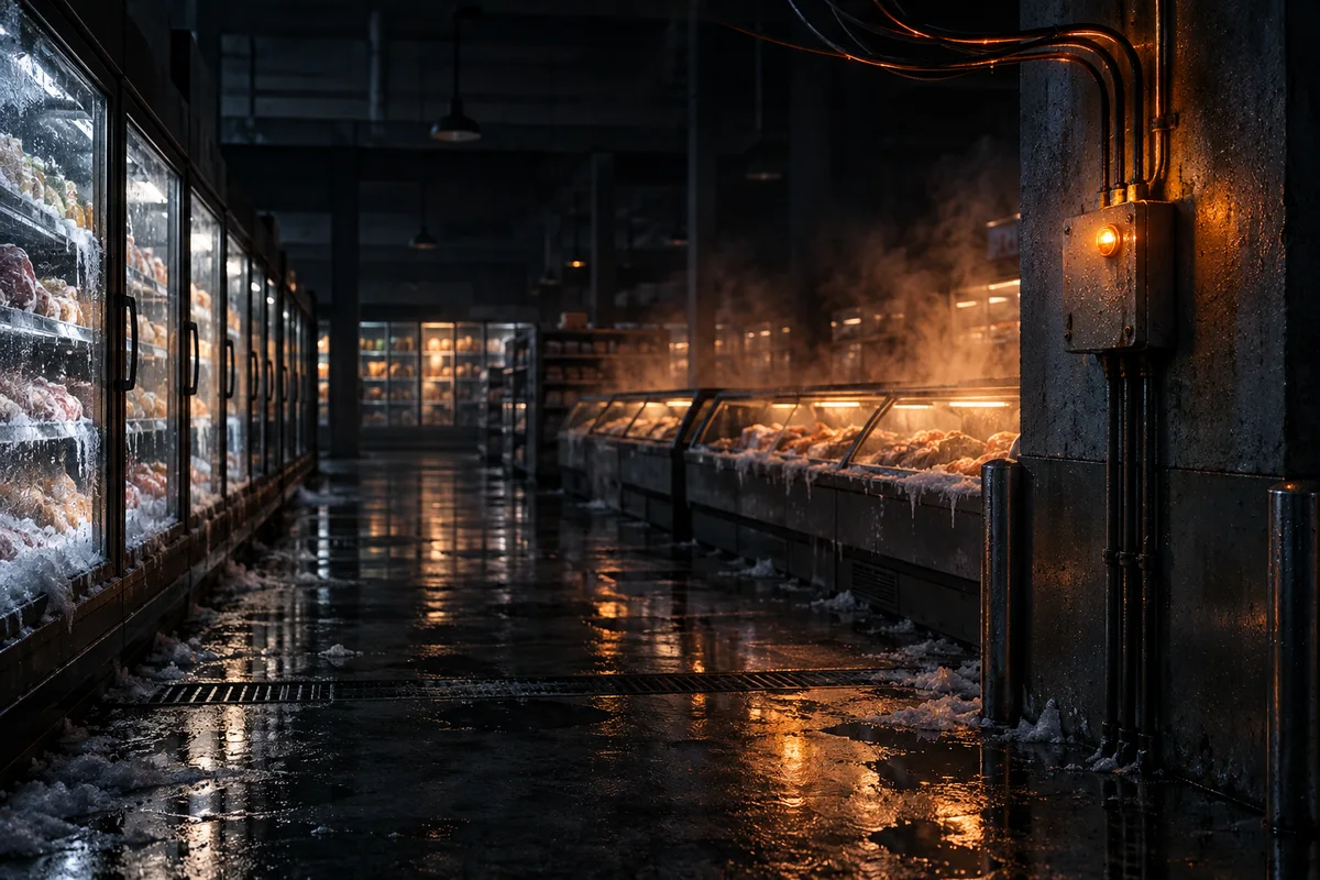 Allée de supermarché plongée dans la pénombre, bordée de vitrines réfrigérées dont le givre fond sur le sol. Un boîtier de contrôle mural clignote d'une lumière ambrée, relié par des câbles lumineux qui se perdent dans l'obscurité.