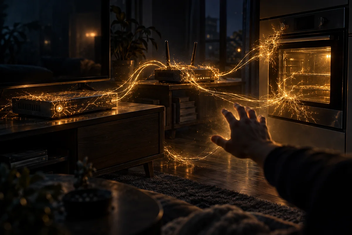 Un salon dans la pénombre où un boîtier TV, un four connecté et un routeur sont reliés par des filaments lumineux ambrés, comme si un programme se recopiait d'un appareil à l'autre.