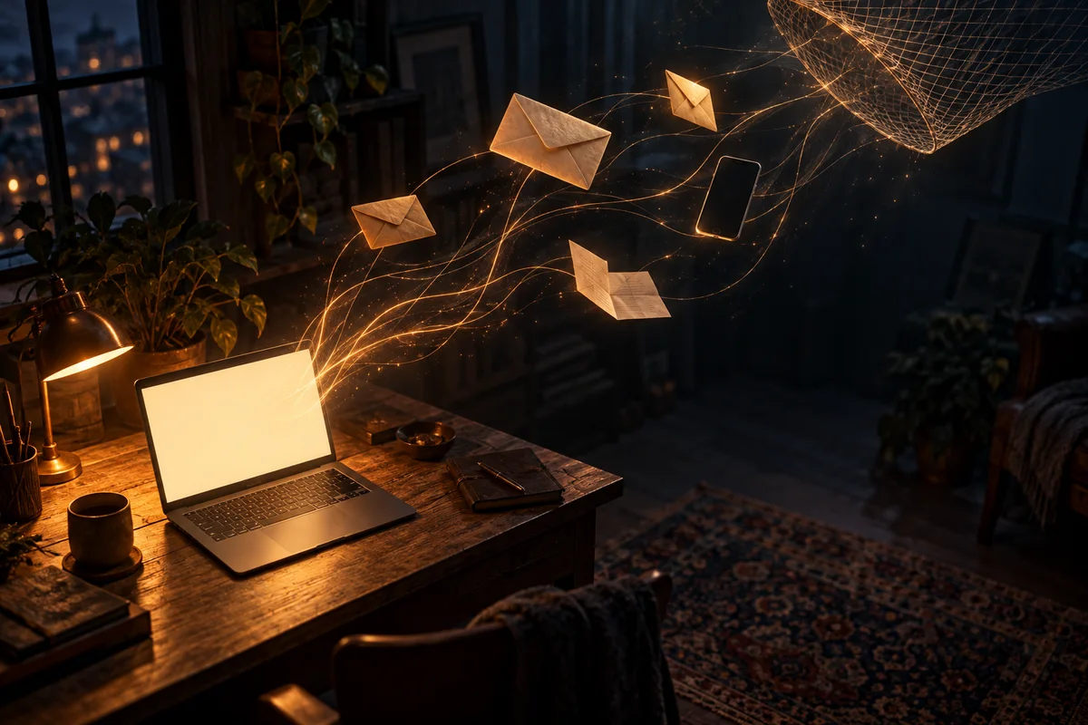 Illustration d'un ordinateur portable dans une pièce sombre : son écran affiche une fenêtre de discussion vide, d'où s'échappent des fils dorés qui entraînent enveloppes, note pliée et smartphone vers un filet translucide.