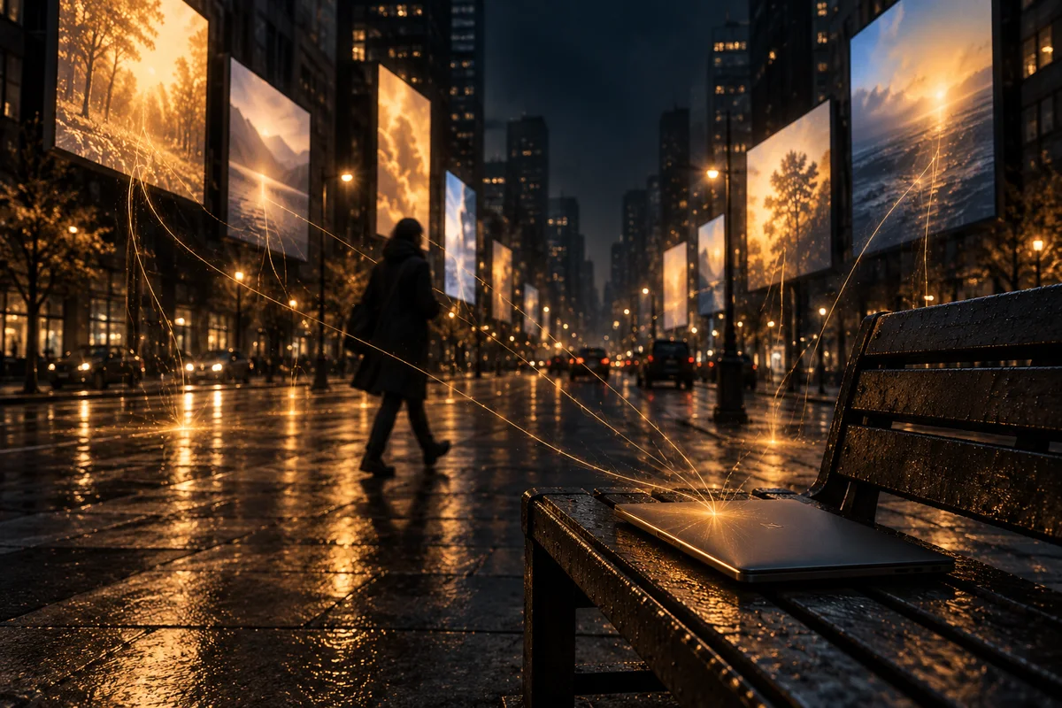 Illustration conceptuelle d'une avenue urbaine de nuit, bordée de panneaux lumineux reliés par de fins filets ambre à un ordinateur portable fermé posé sur un banc.
