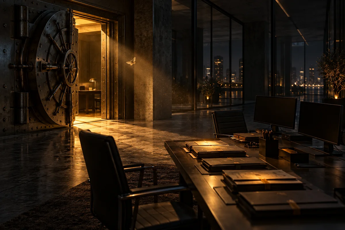 Illustration conceptuelle : un couloir sombre de bureaux, une lourde porte de coffre entrouverte et une table couverte de dossiers scellés, éclairés d'une lumière ambre.