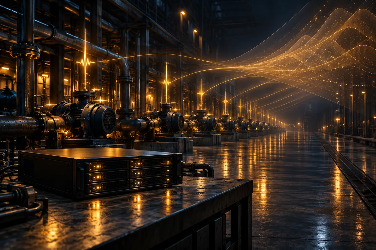 Hall industriel plongé dans la pénombre. Des courbes lumineuses ambrées partent de pompes et s'ouvrent en éventail de prévisions, devant un petit serveur posé sur un établi.