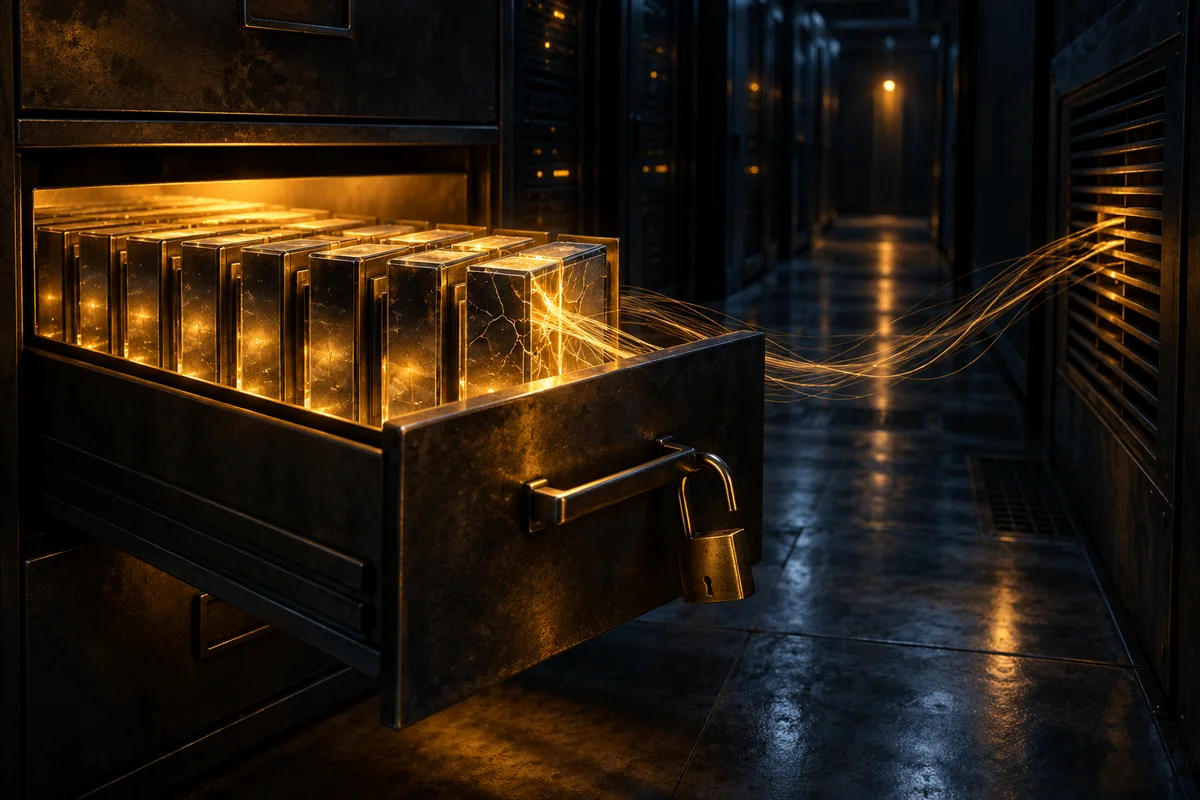 Un tiroir de classeur métallique ouvert dans une salle serveur sombre, éclairé d'une lumière ambrée. Une rangée de boîtes de logiciel scellées y est alignée ; l'une, au sceau fissuré, laisse s'échapper des fils dorés vers une grille d'aération. Un cadenas ouvert pend à la poignée.