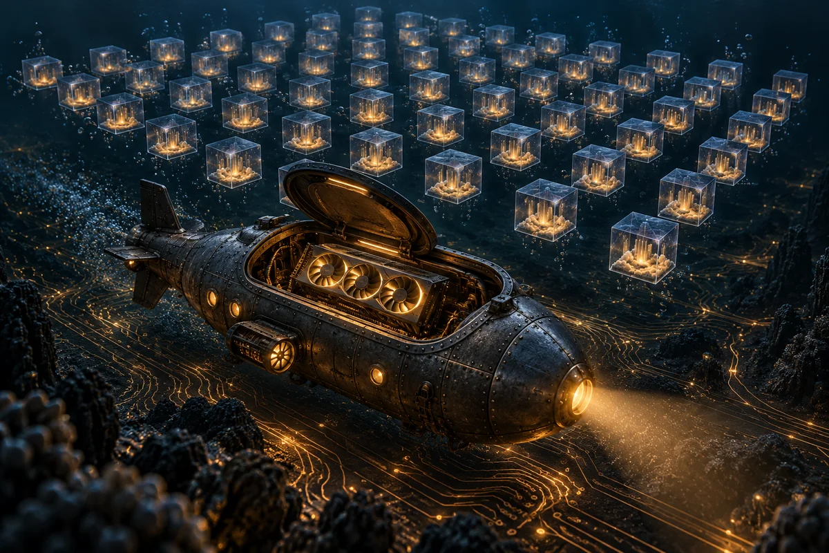 Un petit sous-marin blindé glisse dans un océan sombre parcouru de circuits lumineux. Sa trappe ouverte laisse voir une carte graphique éclairée d'une lumière ambrée, entourée de soixante-quatre cubes translucides alignés comme des bulles.