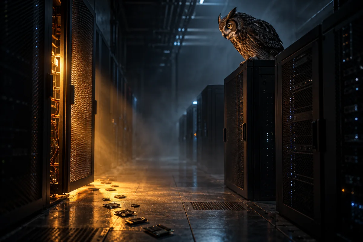 Illustration sombre d'un hibou perché sur une baie de serveurs dans un couloir de centre de données, regardant une porte entrouverte d'où s'échappe une lumière ambrée.