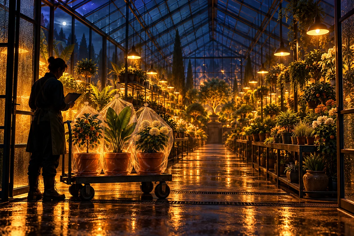 Illustration d'une grande serre de nuit : des rangées de plantes lumineuses sur des étagères en acier, et trois plantes en pots ambrés encore emballées sur un chariot à l'entrée, près d'un jardinier en silhouette tenant un carnet.