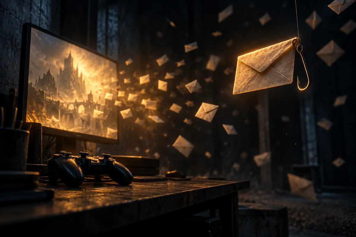 Une manette de jeu posée sur un bureau dans la pénombre, devant un écran d'où s'échappent des enveloppes. L'une d'elles, éclairée en ambre, porte un hameçon.