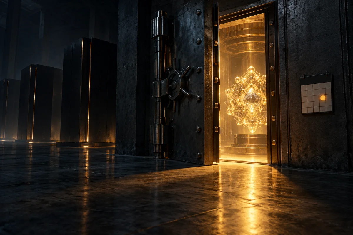 Une salle de serveurs plongée dans la pénombre. Une lourde porte d'acier entrouverte laisse passer une lumière ambrée qui éclaire un réseau cristallin lumineux posé sur un socle. À l'extérieur, des monolithes noirs fermés restent dans l'ombre. Près de la porte, un calendrier porte un jour entouré.